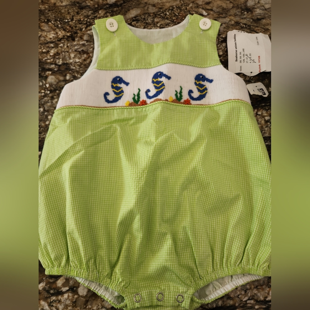 Green Seahorse Embroidered Kids One Piece